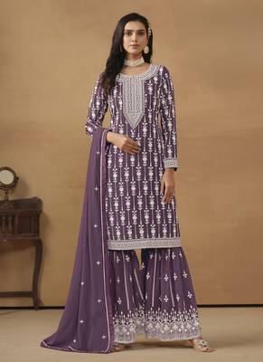 Lavender embroidery faux georgette Sharara set 1