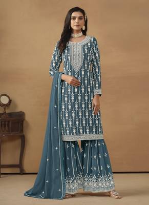 Teal blue embroidery faux georgette Sharara set 1