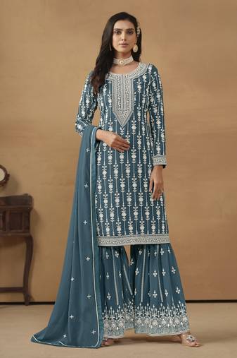 Teal blue embroidery faux georgette Sharara set
