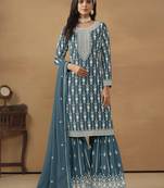 Teal blue embroidery faux georgette Sharara set