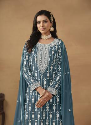 Teal blue embroidery faux georgette Sharara set 2