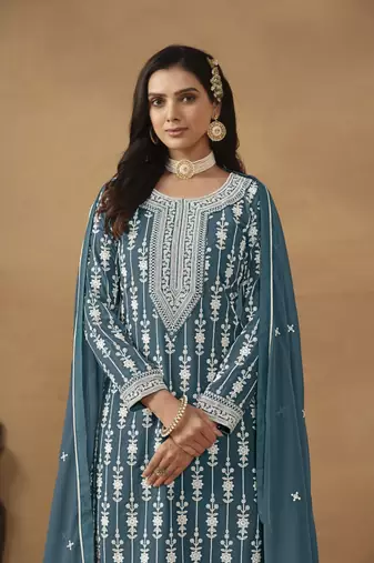 Teal blue embroidery faux georgette Sharara set