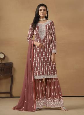 Brown embroidery faux georgette Sharara set 1