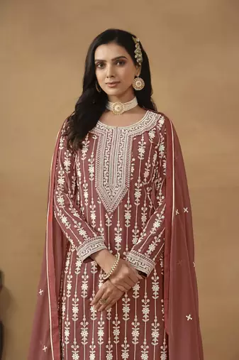 Brown embroidery faux georgette Sharara set