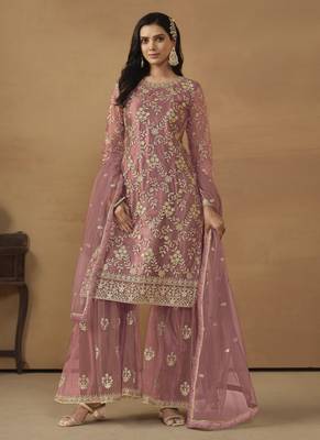 Pink embroidered net palazzo Suit 1