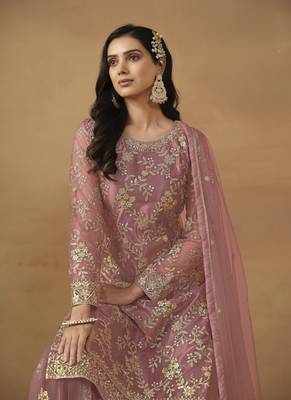 Pink embroidered net palazzo Suit 2