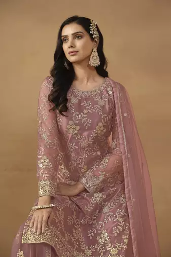 Pink embroidered net palazzo Suit