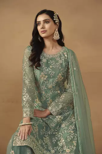 Green embroidery net palazzo