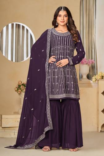 Purple embroidery faux georgette sharara