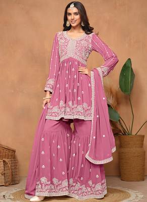 Pink embroidery faux georgette sharara 1