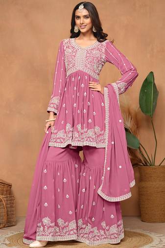 Pink embroidery faux georgette sharara