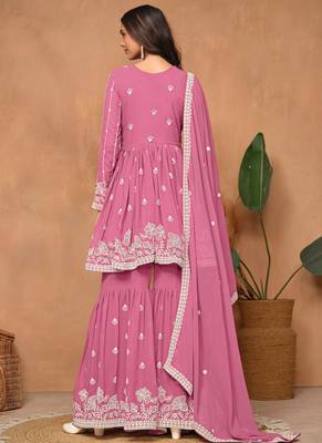 Pink embroidery faux georgette sharara 2