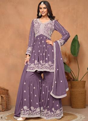 Purple embroidery faux georgette sharara 1