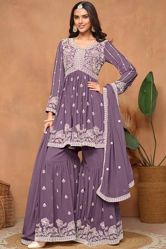 Purple embroidery faux georgette sharara