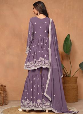 Purple embroidery faux georgette sharara 2