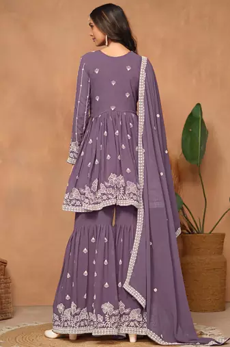 Purple embroidery faux georgette sharara