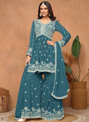 Teal blue embroidery faux georgette sharara 1