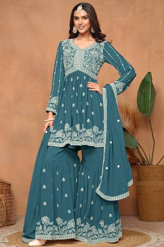 Teal blue embroidery faux georgette sharara