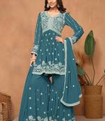 Teal blue embroidery faux georgette sharara