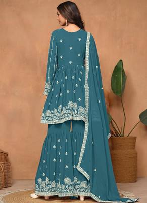Teal blue embroidery faux georgette sharara 2