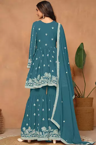 Teal blue embroidery faux georgette sharara