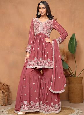 Peach embroidery faux georgette sharara 1