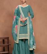 Teal-blue embroidery roman silk sharara