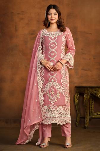 Peach embroidery organza salwar kameez