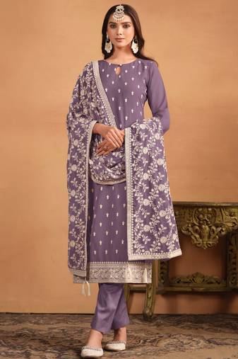 Lavender embroidery faux georgette salwar kameez