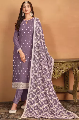 Lavender embroidery faux georgette salwar kameez