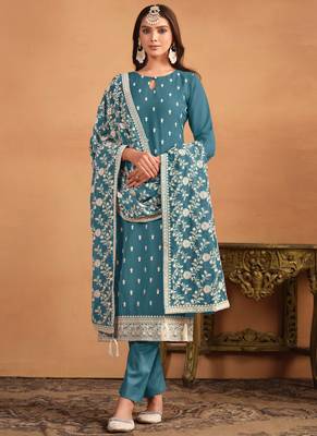Sky blue embroidery faux georgette salwar kameez 1