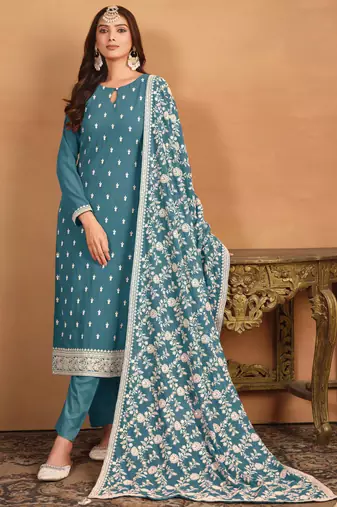 Sky blue embroidery faux georgette salwar kameez