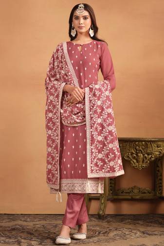 Peach embroidery faux georgette salwar kameez