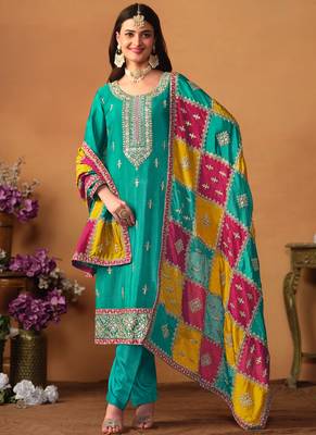 Sea Green Embroidery Chinon Silk Punjabi Salwar Suit 1