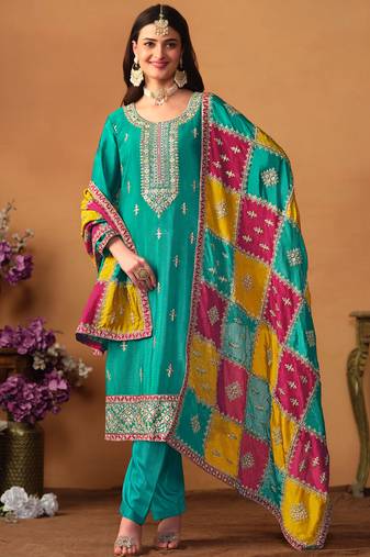 Sea Green Embroidery Chinon Silk Punjabi Salwar Suit