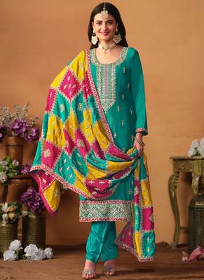 Sea Green Embroidery Chinon Silk Punjabi Salwar Suit 2