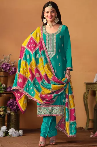 Sea Green Embroidery Chinon Silk Punjabi Salwar Suit
