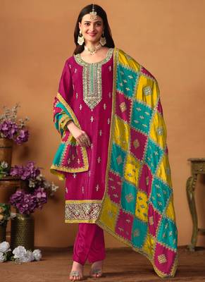 Rani Pink Embroidery Chinon Silk Punjabi Salwar Suit 1