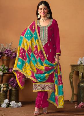 Rani Pink Embroidery Chinon Silk Punjabi Salwar Suit 2