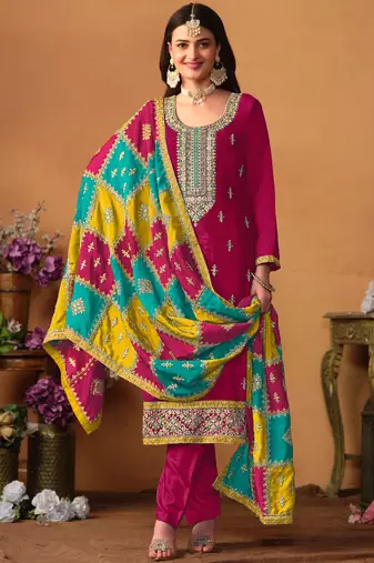 Rani Pink Embroidery Chinon Silk Punjabi Salwar Suit