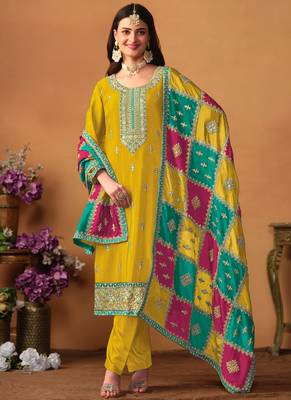 Mustard Embroidery Chinon Silk Punjabi Salwar Suit 1