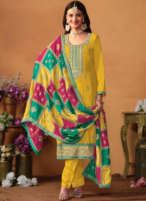 Mustard Embroidery Chinon Silk Punjabi Salwar Suit 2