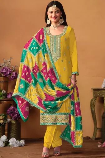 Mustard Embroidery Chinon Silk Punjabi Salwar Suit