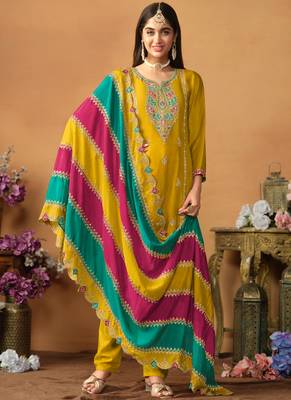 Mustard Embroidery Chinon Silk Punjabi Salwar Suit 1