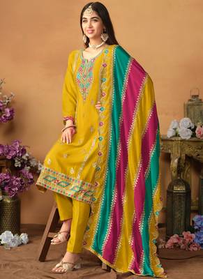 Mustard Embroidery Chinon Silk Punjabi Salwar Suit 2