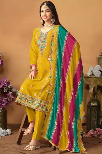 Mustard Embroidery Chinon Silk Punjabi Salwar Suit