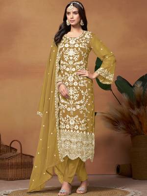 Mustard embroidery organza salwar kameez 1
