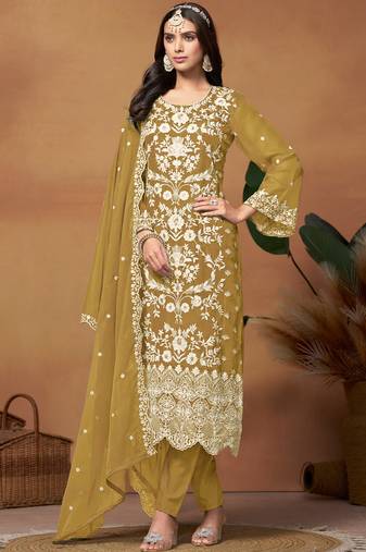 Mustard embroidery organza salwar kameez