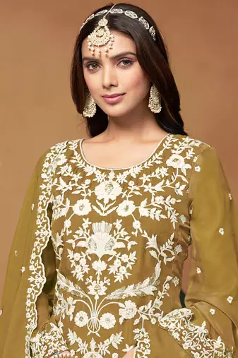 Mustard embroidery organza salwar kameez