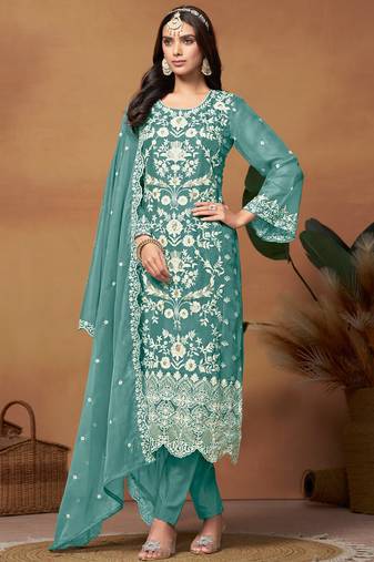 Sea green embroidery organza salwar kameez